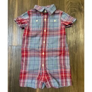 Ralph Lauren Boys Plaid Romper Short Sleeve 6 Month Blue Red Preppy Classic